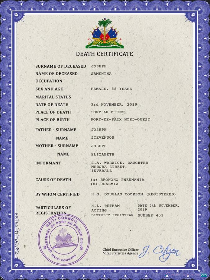 Download Haiti death certificate PSD template Photoshop template